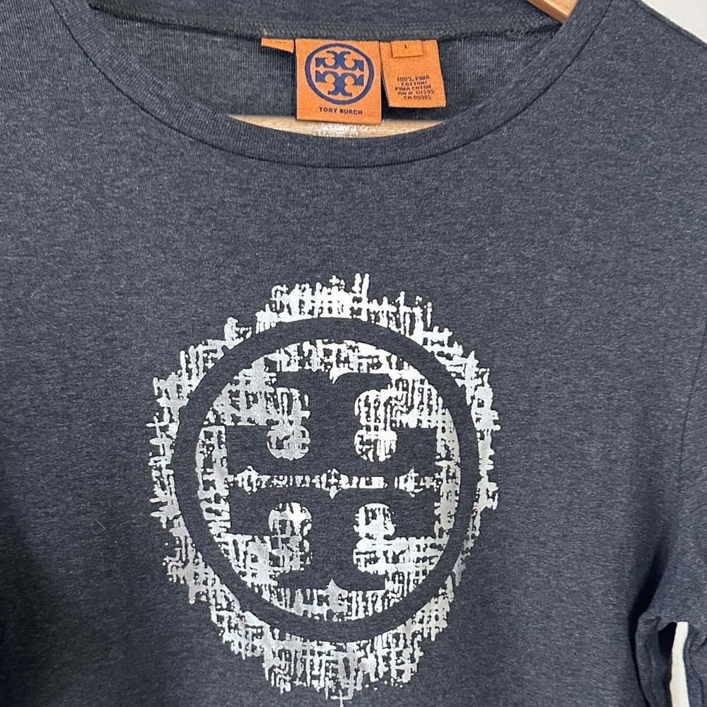 Tory Burch Dark Grey Monogram Pima Cotton Long-Sleeve Crew Tee - Picture 2 of 8